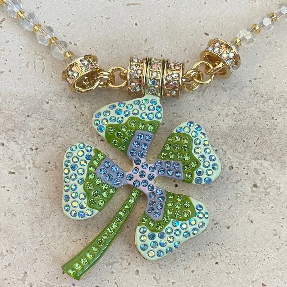 Kirks Folly Crystal Shamrock Clover Necklace Green Blue Lucky Charm Statement - Picture 1 of 6